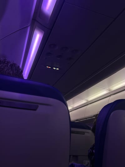 The image depicts the interior of an airplane cabin, viewed from a passenger's seat looking forward and slightly upward. The setting suggests a nighttime flight or a dimmed cabin atmosphere, highlighted by the prominent use of purple mood lighting.

In the foreground, the top of a person's head with dark, curly hair is visible, seated in a blue and white/grey upholstered airplane seat. Directly in front, the back of another airplane seat with similar upholstery occupies the mid-ground.

Above the seats, the overhead panel is a key feature, equipped with circular air vents and individual reading lights. Two illuminated warning signs are clearly visible on this panel: a "no smoking" sign, depicted by a red diagonal line through a cigarette icon, and a "fasten seatbelt" sign, which shows a white seatbelt icon with a red diagonal line, indicating that the seatbelt is not required at that moment. A call attendant button (bell icon) is also present.

The cabin lighting is a mixture of sources. Bright white fluorescent-like strips run along the main ceiling, while striking purple or lavender mood lighting emanates from strips along the lower section of the overhead compartments, casting a distinct hue over the cabin surfaces. The general atmosphere is calm and dim.

No specific activity is taking place beyond passengers being seated. The image provides no cues regarding weather or emotions. The scene is unequivocally set within an airplane cabin.