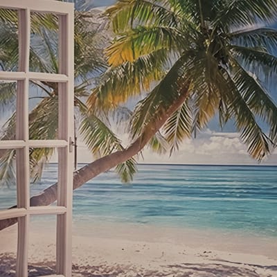 This image depicts a tropical beach scene as viewed through an open white window frame. The window frame, on the left side of the image, is painted white and has multiple panes. Through the window, a palm tree with green and yellow fronds is prominently displayed, its trunk curving across the frame. Beyond the palm tree, a vibrant turquoise ocean meets a sandy beach. The water is calm with subtle ripples, and the sky above is a clear blue with a few fluffy white clouds. The scene evokes a sense of relaxation and vacation. There is no information within the image to suggest any connection to the city of María De Huerva, Spain.