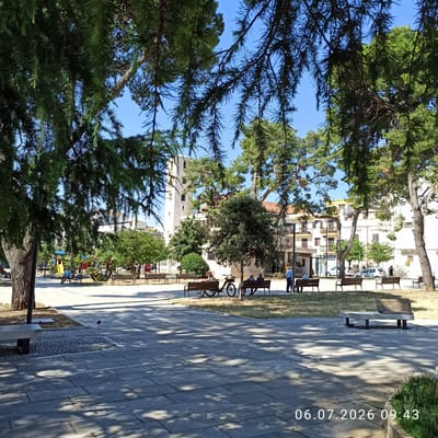 The image captures a sunlit public square in Ruvo di Puglia, Italy, on July 6, 2026, at 09:43 AM. The foreground features a paved walkway with a dappled shadow pattern cast by overhead trees. A single small bird stands on the pavement in the mid-ground. To the left, a bench is visible, and further back, a children's playground with colorful slides is present. Several individuals are seated on park benches throughout the square, some interacting and others observing their surroundings. A bicycle is parked near one of the benches. In the background, buildings with traditional architecture, including a prominent bell tower, are visible, nestled among trees. The scene is characterized by clear blue skies and a peaceful, daytime atmosphere.