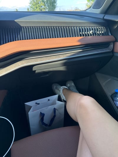 The image depicts the interior of a vehicle, specifically the passenger side dashboard, footwell, and a portion of the passenger's leg, located in the city of Karnalovo, Bulgaria. The dashboard features a black upper surface with a subtle linear texture. Below this, a horizontal air vent spans the width of the dashboard, composed of numerous vertical, ribbed slats. A single metallic, circular knob, likely for vent control, is positioned within the vent array. Beneath the vent is a segment of brown, textured material, possibly leather, with visible stitching. Below this brown section, a wooden trim panel with a metallic accent strip extends horizontally. The dark-colored glove compartment is visible below the wooden trim, featuring a recessed handle. The passenger seat is brown with a perforated texture visible on the cushion. In the passenger footwell, a white shopping bag with dark blue fabric handles is present. A blue-capped water bottle is partially visible on the far right, near the door panel. A white cable, possibly an electronic charging cord, is visible on the left side of the seat. A person's bare leg, from mid-thigh to the foot, is visible, resting on the passenger seat with the knee bent. A light grey and white athletic shoe is worn on the visible foot. Through the front windshield, a clear blue sky, clouds, and green foliage from trees are visible, indicating daylight conditions. Some reversed text or reflections are visible on the inner surface of the windshield.