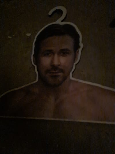 The image displays a cut-out of a man's head and shoulders, possibly a promotional item or decoration. The cut-out is white-edged and appears to be printed on a dark, textured background. The man has dark hair, a light complexion, and is shown from the upper chest up. His eyes are open and looking forward. The lighting is dim, casting shadows on the background and the subject. There is a curved hanger shape visible above the man's head, suggesting the cut-out might have been designed to be hung. There is no discernible location in the city of Gukovo, Russia, indicated in the image. The image is grainy and has a low resolution, making it difficult to discern fine details.