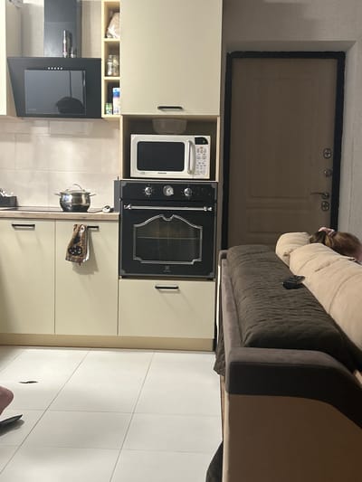 The image depicts an interior scene, likely a kitchen and living area, in an urban setting. In the kitchen area, a modern black range hood is mounted above a stovetop. To the right, a stack of kitchen cabinetry features a built-in oven and a microwave oven. A pot sits on the stovetop, and a towel hangs from a cabinet handle. The flooring in the kitchen is tiled in a light color.
Adjacent to the kitchen, a door with a textured surface and dark hardware is visible. To the right of the door, a sofa is positioned. The sofa is upholstered in a dark brown fabric, with lighter colored pillows on top. A remote control rests on one of the pillows. A person, partially visible, is lying on the sofa, with their head resting on a pillow.
The overall impression is of a domestic environment. The presence of kitchen appliances and a sofa suggests a living space where cooking and relaxation occur. The lighting appears to be artificial, casting shadows and contributing to a slightly dim atmosphere in some areas. The image does not provide any specific geographical markers that would definitively place it in Нижние Муллы, Russia; the description of the location is therefore speculative and based on the prompt's request.