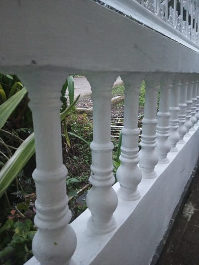 The scene depicts a white concrete balustrade viewed at an angle, extending from the left foreground towards the right midground within the city of B. Nam Ngao, Laos. The balustrade consists of numerous identically shaped balusters, each featuring a bulbous base, a central ring, and a tapered upper section, supporting a flat, solid concrete top rail. A lower concrete ledge forms the base of the structure. The surfaces of the concrete appear clean and uniformly white, with some areas exhibiting a slightly granular texture. Through the gaps between the balusters, an outdoor environment is visible. This background includes dense green foliage on the left, featuring broad leaves and various shrubs. Towards the right and further back, an unpaved pathway or ground area with exposed earth and gravel is discernible, leading to more vegetation beyond. The overall lighting is soft and diffuse, suggesting an overcast day or post-rain conditions, with some surfaces appearing damp. No individuals, animals, or active interactions are present in the image.