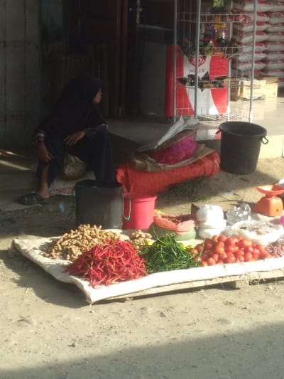 A street vendor scene is depicted in Mns Dayah, Indonesia, under bright daylight conditions with distinct shadows. In the foreground, a white canvas cloth is laid directly on the light-colored, uneven ground, serving as a display for various produce. Arranged on the cloth from left to right are piles of light brown ginger roots, a prominent mound of red chili peppers, green vegetables (likely long beans or green chilies), and red tomatoes. An orange mechanical weighing scale is positioned at the far right edge of the cloth display.

In the midground, a single individual, dressed in dark clothing and a dark hijab, is seated on a low, shadowed structure on the left side of the frame. The person faces right, with their left arm resting on their knee. Behind the produce, a dark black bucket and a red bucket are visible on the ground. Adjacent to these buckets is a bundled orange tarp. The background to the left consists of a dark, shadowed building wall. To the right, a metal retail display rack holds various packaged items, positioned in front of a red and white Wall's brand cooler or promotional banner. Further right, multiple stacks of large white bags, possibly containing bulk goods, are visible against a lighter building wall.