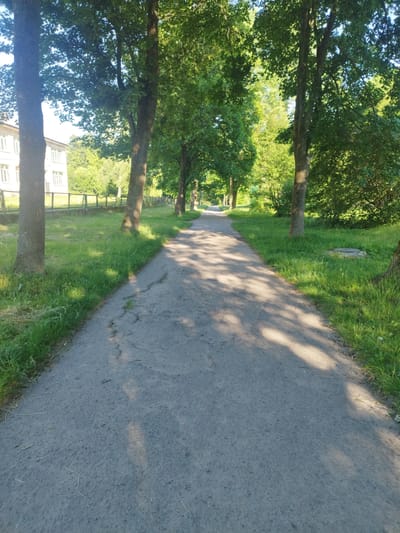 The image depicts a straight paved pathway in the city of Novyi Rozdil, Ukraine. The pathway is flanked by green grass and mature trees, with sunlight dappling through their leaves, casting shadows onto the path. To the left of the pathway, a building with white walls and multiple windows is visible, separated from the path by a low fence. The pathway appears to be a pedestrian walkway or a part of a park or a residential area. The scene is set during daylight hours, suggesting a pleasant outdoor environment.