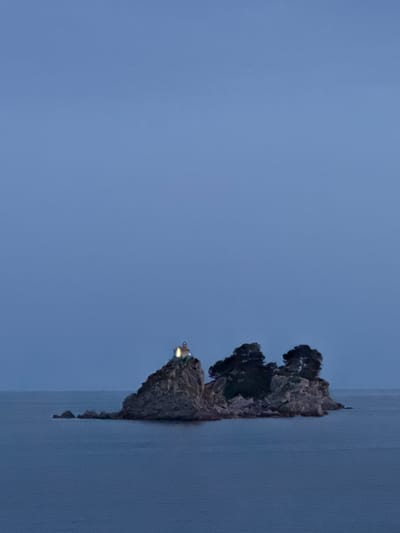 The image presents a rocky islet topped with trees and a small structure that appears to be a lighthouse, situated within a body of water, presumably the Adriatic Sea. The sky above is an overcast pale blue, suggesting either twilight or a heavily clouded day. The composition is such that the islet occupies a small portion of the right side of the frame, with the water extending vertically along the edge and the sky dominating the left side. Gornji Katun, Montenegro is not depicted in this image. The exact location in the image is the Mamula Island.