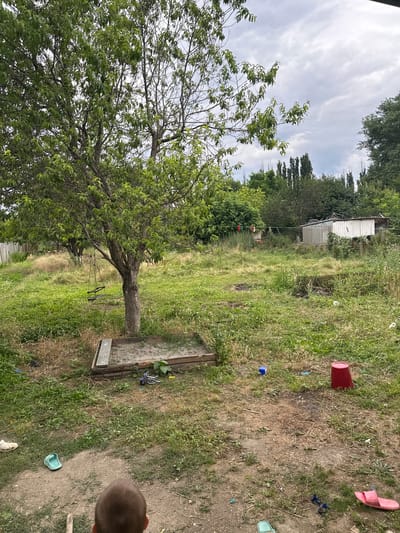 This is an outdoor, eye-level, medium-shot photograph taken on a cloudy day. The scene depicts a cluttered backyard in Chontaul, Russia, likely during daylight hours. In the foreground, a young child's head is visible, with their gaze directed away from the camera. The ground is a mix of dry dirt and patchy grass, littered with various objects.
These objects include a red bucket, a pink flip-flop, a light blue shoe, a small blue toy car, and a small blue plastic object. Further into the yard, a weathered wooden sandbox or raised garden bed is present. A mature tree with full green foliage stands prominently in the left side of the frame, with a swing attached to one of its branches. In the background, a simple, elongated white building, possibly a shed or outbuilding, is visible among dense greenery and trees. The overall impression is one of a lived-in, somewhat unkempt outdoor space. There is no visible text in the image.