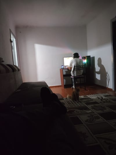 The image depicts a dimly lit room, suggesting it is nighttime. The primary subject is a young person wearing headphones, seated at a desk and engrossed in playing a computer game, as indicated by the glowing computer monitor and tower. The person is positioned with their back to the camera, their face obscured. To the right of the desk, a shadow of the person and their chair is cast on the white wall, creating a dramatic silhouette effect.

In the foreground and to the left, a couch is visible, with a portion of the photographer's legs and feet also in view, indicating the photo is taken from a reclining or seated position on the couch. To the right of the couch, on a patterned rug, sits a small, light-colored cat, observing the scene.

The room appears to be a living space or bedroom. The walls are painted white, and a window with a curtain is visible on the left side of the frame. The floor is wooden, covered in part by a patterned rug. The lighting in the room is minimal, with the computer setup being the main source of illumination, casting colorful lights from the PC tower onto the wall. The overall atmosphere is quiet and focused, with the person engrossed in their game and the cat observing passively. No visible text is present in the image.