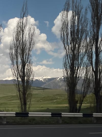 A landscape photograph captures a picturesque view in Charentsavan, Armenia. The scene features a mountain range partially covered in snow, which is visible through gaps in the branches of trees. The trees, with their bare branches, extend across the frame against a backdrop of a blue sky dotted with white clouds. To the right, a roadside barrier is visible, marked with black and white stripes. A field of green stretches towards the mountains. The composition suggests the photograph was taken from a vehicle.