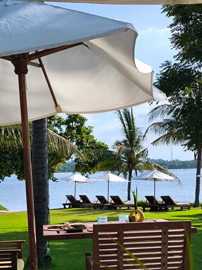 The image depicts a serene outdoor scene likely taken in Sigar Penjalin, Indonesia, given the tropical vegetation and coastal setting. In the foreground, a large white patio umbrella dominates the view, with its wooden pole and canopy structure partially obscuring the scene. Beneath the umbrella, there is a wooden table set with placemats, plates, and a decorative centerpiece featuring a cut fruit and plants. Two candle holders are also visible. Behind the table, there are wooden chairs, one of which is partially visible in the foreground. The middle ground features a lush green lawn leading to a body of water, possibly the ocean. Several white umbrellas are positioned along the lawn, shading lounge chairs that face the water. Palm trees and other tropical trees line the edge of the lawn, adding to the tropical ambience. The background reveals a distant coastline with visible vegetation and possibly a structure resembling a communications tower. The sky is a clear blue, suggesting a sunny day. There are no visible people. The overall scene suggests a luxurious resort or beach club setting.
