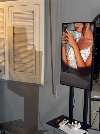 In a room located in Sweileh, Jordan, a screen displays an image of a woman in a bedazzled dress holding a smartphone. The screen is mounted on a black stand. Below the screen, a black shelf holds several items, including a white remote control, a red lighter, and a white toothbrush holder. The background features a window with white louvered shutters on the left side of the image. The walls are painted gray, and shadows are cast on them, indicating lighting conditions.
