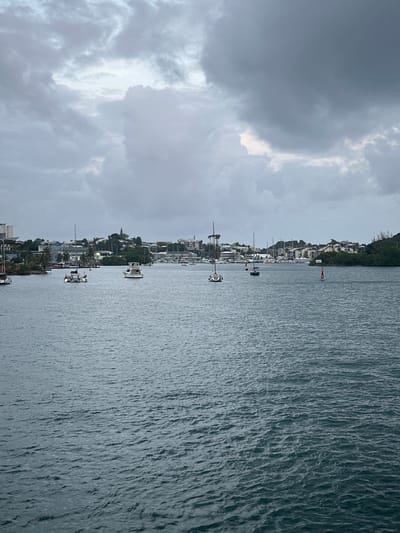 The image shows a body of water with several boats docked and in motion. In the background, a city skyline is visible, characterized by buildings and lush greenery. The sky is overcast with dark, heavy clouds, suggesting the possibility of rain. The water is choppy, with visible ripples and waves. The scene appears to be a harbor or marina. Based on the architecture and vegetation, the location is likely a coastal city. The image is a vertical shot, with the water occupying the foreground and midground, and the cityscape and sky in the background.