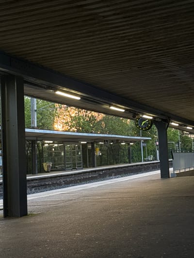 This image depicts a quiet train station platform in Champigny-sur-Marne, France, likely during the early evening. The perspective looks along the length of the platform, with a corrugated metal canopy overhead extending from the left of the frame. Several bright linear fluorescent lights illuminate the underside of this canopy.
Attached to a dark metal support beam beneath the canopy is a prominent circular clock with a black face and yellow hands, indicating the time as approximately 7:05. Beyond the current platform, train tracks are visible, and across them, another platform with additional structures. Dense green foliage and trees line the area beyond the tracks, through which golden sunlight is filtering, suggesting a late afternoon or early evening setting.
The platform in the foreground is made of concrete or asphalt and appears speckled, possibly from recent rain. Visible on this platform is a white sign with the number "115" in black text. Another partially obscured sign nearby clearly shows the word "Champigny," confirming the location. On the opposite platform, a structure with multiple glass panels or windows is seen, along with a small yellow bucket or container on the ground beside it, and a yellow sign above it. There are no people or active events taking place in the scene, conveying a sense of stillness.