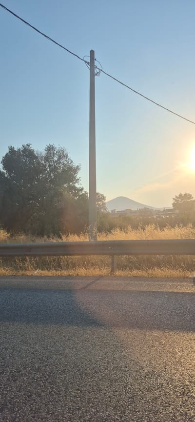 The image captures a roadside scene in Koropi, Greece, bathed in the warm glow of the setting sun. In the foreground, a weathered asphalt road leads the eye towards a metallic guardrail, separating it from the dry, golden vegetation behind. A solitary utility pole stands tall against the clear blue sky, its wires stretching taut across the frame. In the distance, a verdant tree offers a stark contrast to the dry grasses, and a gentle hill with buildings nestled at its base completes the landscape. The bright sun, positioned to the right of the frame, casts long shadows and illuminates the scene with a golden hue.