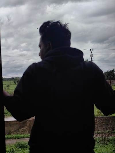 A person, seen from behind and silhouetted in black, stands in a doorway looking out at an overcast sky and a rural landscape. The person is wearing a dark hooded sweatshirt. In the distance, there are trees, fields, and power lines with insulators. The ground in the foreground is covered in green vegetation. A low concrete wall with visible staining is also present. The overall impression is of a gloomy or overcast day. The specific location is the city of Shihar, India.
