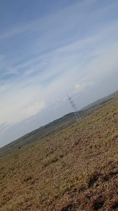 The scene depicts an upward-sloping arid terrain in Kaputiei North ward, Kenya, under a partially clouded blue sky. The foreground and midground are covered in low, dense vegetation, appearing dry and brown with some green interspersed. A single, tall, lattice steel electrical transmission tower stands on the slope, positioned slightly right of center, with visible power lines. In the distance, the terrain continues to rise, meeting a light blue sky with scattered white clouds, some appearing wispy and others more substantial on the horizon. A lone, dark, conical bush or small tree is visible on the upper-left slope. No individuals, animals, or discernible actions are present.
