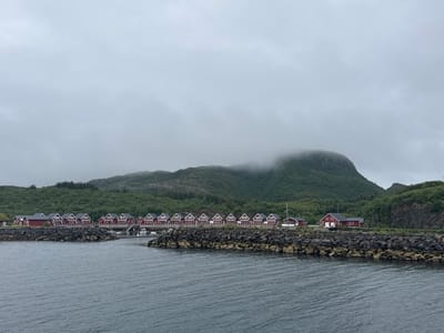 The image depicts a coastal scene in Demmahågen, Norway, on an overcast day. In the foreground, a body of dark, rippling water occupies the lower portion of the frame. A breakwater constructed of dark, rough stones lines the edge of the water, extending into the middle ground.
Behind the breakwater, a row of traditional red Norwegian houses with white trim and dark roofs are situated along the shore. These houses appear to be residential or possibly part of a tourist accommodation. Some of the houses have small windows and distinct architectural features. One house on the far right is slightly detached from the main row and is a solid red structure with white window frames and a white X marking on one side. Another single red building with white trim is visible to the far left, set back from the main row. Several small boats are docked behind the breakwater in front of the houses.
The background features a densely forested hillside that rises towards a mountain range. The upper portions of the mountains are obscured by thick, grey clouds, creating a misty and atmospheric effect. The vegetation is predominantly green, indicating a temperate climate. No people are visible in the image. The overall impression is one of a serene, slightly somber, northern European coastal village.