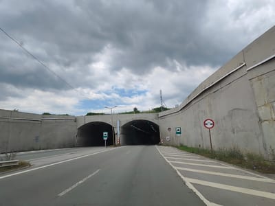 The image shows a view of two adjacent tunnel entrances on a road in Golemo Buchino, Bulgaria. The road leading to the tunnels is paved with asphalt and has white lane markings. On either side of the road are concrete walls and embankments.
There are several traffic signs visible. On the left side, a green sign with a symbol of a tunnel is present. On the right side, a circular red and white sign indicates a speed limit of 50 km/h, with a symbol of a truck. Another green tunnel sign is also present on the right.
The sky is overcast with dark clouds, suggesting a possibility of rain. Some vegetation, including grass and small flowering plants, is visible along the sides of the road and the embankments. A metal guardrail is also present on the left side of the road. The tunnels themselves are dark, with visible lighting inside, and green lights indicating they are open. A telecommunication tower is visible in the background on the right side. A thin wire stretches diagonally across the sky from the left to the center.