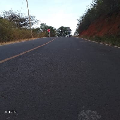 The image depicts a low-angle view looking up a paved asphalt road, which appears to be a gradual incline or hill. The road is dark grey and has a single, solid yellow line running along its left edge, indicating a no-passing zone or the edge of a lane. The perspective makes the road dominate the foreground, stretching upwards towards the horizon.

In the distance, at the crest of the hill where the road levels out or curves, there are at least three figures. One person on the left is wearing a red top and appears to have a backpack, facing away from the camera. Another person is visible slightly to their right, wearing darker clothing. A third person is further to the right, also in dark attire. They all seem to be standing on or near the road.

To the left of the road, there is a sparse line of trees and bushes with light green to brownish foliage. A light-colored utility pole stands tall on this side, near the road's edge. The sky above is light blue, suggesting daytime conditions, possibly morning or late afternoon due to the soft, diffused light, or it could be an overcast day.

To the right of the road, a steep embankment or hill covered in reddish-brown soil is visible, with some green vegetation and bushes growing on it. The overall impression is a natural, somewhat rural setting.

In the bottom-left corner of the image, a visible watermark reads "© TECNO".