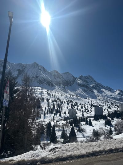 The image depicts a snow-covered mountainous landscape in Vermiglio, Italy, under a clear, bright blue sky with direct sunlight from the upper left. In the immediate left foreground, a tall, dark gray streetlamp pole stands vertically, topped with a rectangular LED light fixture. Below the streetlamp, a signpost displays two warning signs: a red-bordered white triangle indicating slippery road conditions (depicting a skidding car) and a blue square sign with a white snowflake symbol. The foreground also includes a patch of dirty snow bordering a dark, visible section of road.

The mid-ground features a snow-covered slope dotted with numerous dark green coniferous trees and some bare deciduous trees. Two large, multi-story, rectangular buildings with flat roofs are visible on the slope, appearing dark gray or concrete in color. The background is dominated by a range of rugged, snow-capped mountains under the bright sun. No individuals or active subjects are present in the scene.