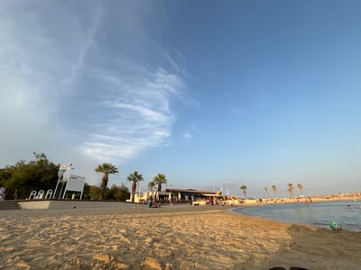 The image depicts a sunny beach scene in Toulon, France. The foreground is dominated by golden sand with clear tracks, suggesting recent activity. In the middle ground, a paved walkway separates the beach from a raised area with palm trees and a building, possibly a restaurant or cafe, with outdoor seating. Several people are visible on the walkway and in the building's vicinity. The sea is calm and blue, with a few people swimming or wading in the shallow water. A rocky breakwater extends into the sea on the right. The sky is a clear blue with some wispy clouds on the left side of the frame. The lighting suggests it is late afternoon.