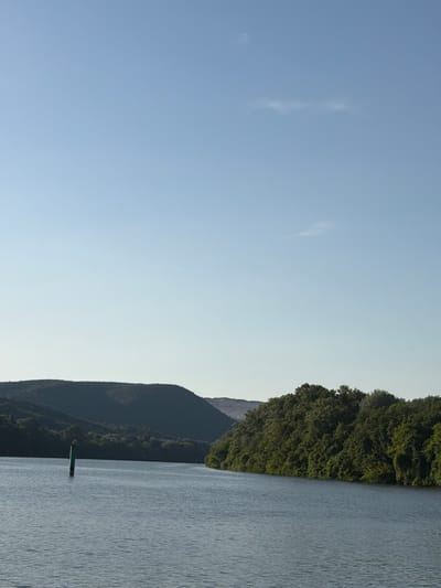 A wide, calm river flows horizontally across the lower half of the image, reflecting the clear blue sky above. On the left side of the river, a solitary green buoy stands partially submerged in the water. In the background, lush green trees line the riverbanks, creating a dense forest. Behind the trees, rolling hills and mountains rise, their slopes covered in vegetation. The sky is a pale blue with a few wispy white clouds scattered across it. The scene suggests a peaceful natural landscape, likely in a rural setting. This location is the Rhône River in Viviers, France.