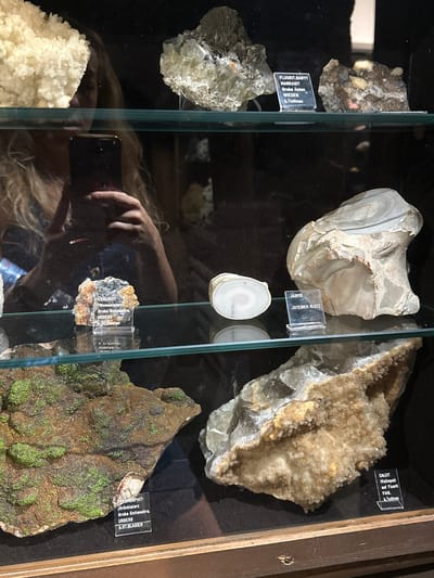 The image is a close-up interior shot of a display case containing various minerals, likely in a museum or private collection. The lighting is dim, with reflections on the glass of the display case revealing the photographer, a person with blonde hair holding a smartphone, and part of the room's interior.
In the top shelf, from left to right, there are pale, crystalline mineral formations. To their right, another mineral specimen exhibits a rough, greyish texture with some lighter, crystalline inclusions. Further right, a small, black label identifies a mineral as "FLUORIT.BARYT MARKASIT Grube Anton Wieden b.Todtnau".
The middle shelf features a piece of a large, roughly-shaped mineral with concentric banding and reddish-brown inclusions, resembling a type of chert or agate. To its left, a smaller, sliced mineral specimen shows similar banding. A small label in front of the larger specimen reads "JASPIS JSTEINER KLOTZ". To the left of the sliced mineral, another specimen is partially visible. A label in front of it reads "CERUSSIT (Weissbleierz) Grube Gottesherz, URBERG b.ST.BLASIEN".
The bottom shelf displays two prominent mineral specimens. On the left, a rough, dark brown rock surface is covered with vibrant green, moss-like mineral growths. A label identifies this as "PYROMORPHIT- (Grünbleierz) Grube Gottesherz, URBERG b.ST.BLASIEN". To the right, a large, complex crystalline formation of light brown and white minerals is visible. A label in front of this specimen reads "CALCIT (Kalkspat) auf Fluorit FAHL b.Todtnau". The display case appears to be made of wood and glass. The overall setting suggests a mineral exhibition, with the labels indicating specific locations such as "Todtnau" and "St. Blasien," which are towns in the Black Forest region of Germany, consistent with Schonach im Schwarzwald, Germany.