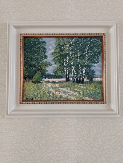 The image shows a framed embroidery artwork hanging on a wall. The artwork depicts a landscape with trees, primarily birch trees with their characteristic white bark and green foliage. There's a field with tall grasses and wildflowers in the foreground. The sky is overcast with light blue and gray tones. The frame has a double border: an outer, wider frame in off-white, and an inner, narrower frame with a repeating decorative pattern in brown. The wall has a light-colored, textured wallpaper. Based on the mention of Barvinok, Ukraine, this could be a local artisan's work or a piece that reflects the Ukrainian landscape. However, without further information, the connection to Barvinok can't be definitively confirmed from the image alone.