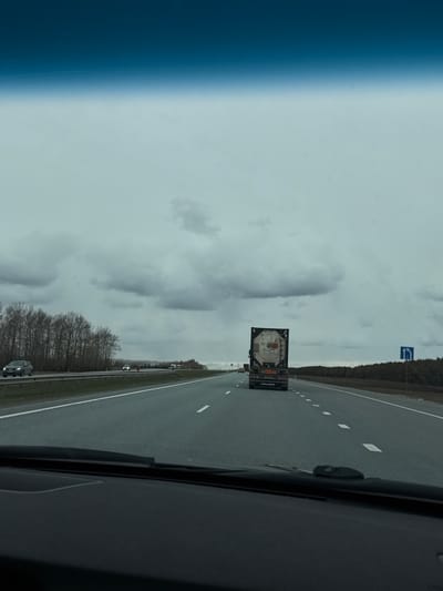 The image, taken from inside a vehicle, captures a highway scene under an overcast sky. In the foreground, parts of the car's interior, specifically a dark dashboard and A-pillar, are visible on the left side of the frame.

A multi-lane asphalt highway stretches into the distance, marked with white dashed and solid lines. Ahead, in the right lane, a large truck is transporting a white cylindrical tank container. The container features visible markings, including a red-and-white hazard diamond and the text "UN 1993," which typically denotes a flammable liquid.

To the right of the highway, a dense line of bare-branched trees borders the road, suggesting a season outside of summer. A blue rectangular highway sign with a white, curved arrow is partially visible above the trees, likely indicating a turnaround or exit. Other vehicles can be seen further down the highway and along the median.

The sky is uniformly overcast, filled with grey clouds that create a subdued lighting condition. The scene depicts travel on a highway in Mamadysh, Russia, during daytime under cloudy weather.