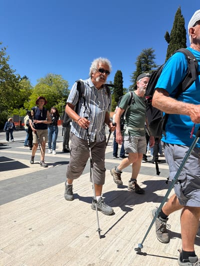 The image captures a group of people, predominantly older adults, on an outdoor walking tour or hike, likely in San Gimignano, Italy. The setting is a bright, sunny day, with a clear blue sky and lush green trees in the background, while the participants stand on a wide, light-colored paved area.

In the foreground, a man with white, curly hair and a beard, wearing sunglasses, a blue and white striped short-sleeved shirt, khaki shorts, and hiking shoes, holds a black hiking pole. Behind him, another man with grey hair and a beard, dressed in a green short-sleeved shirt, light grey shorts, and hiking shoes, carries a backpack and also uses a hiking pole. A third man in a blue shirt, grey shorts, and a backpack is partially visible, holding a hiking pole.

Several other individuals are visible further back, some also equipped with hiking poles. One woman stands out with a red hat, dark top, and beige shorts. Strong, distinct shadows cast on the paved ground indicate bright midday or early afternoon sun. The brand "LEKI" is visible on one of the hiking poles. The clear weather and the group's attire suggest a pleasant day for outdoor exploration.