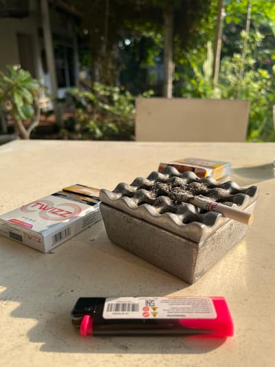 On a textured, light-colored outdoor table, a metal ashtray filled with ash and a single cigarette rests on its right side. To the left of the ashtray, a pack of "TWIZZ PRIME" cigarettes is visible, with the brand name prominently displayed in red lettering. A partially visible cigarette pack with yellow and orange detailing is positioned behind the ashtray. In the foreground, a black and pink disposable lighter lies flat on the table. The background shows a blurred outdoor scene with greenery and a building. The image appears to have been taken during daylight hours.