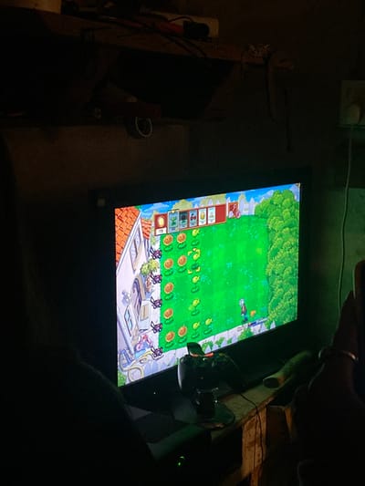 A screen displays the game Plants vs. Zombies. The game is in progress on a lawn-like level, with sunflowers planted in the bottom rows. A lawnmower sits on the right side of the screen, ready to defend against zombies. An Xbox 360 and controller are visible next to the screen. The room is dimly lit.
