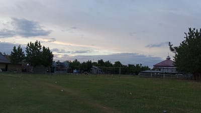The image depicts an outdoor scene in the city of Tanjong Krueng, Indonesia, at dusk. In the foreground, there is a large, grassy field with scattered pieces of litter. In the middle ground, a collection of low-lying buildings and structures are visible, including what appears to be a mosque with a red roof and a silver dome, as well as other residential or utility buildings. Several trees are scattered throughout the scene, with a large tree prominently positioned on the right side of the frame. The sky above is cloudy with soft, pastel hues, indicating the end of the day. There are no visible people in the image.