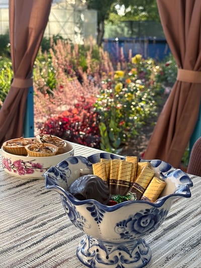 The image depicts a table set outdoors, likely in a garden or patio setting. In the foreground, a white ceramic bowl with blue floral patterns rests on a striped tablecloth. This bowl contains several individually wrapped chocolates, with some wrappers bearing the "Merci" logo. Next to this bowl is another smaller white ceramic bowl with a pink floral design, holding three small tarts. In the background, a lush garden with various flowers and greenery is visible, with brown curtains framing the scene. The overall impression is one of a serene, outdoor dining or snacking experience. The image was taken in Sarov, Russia.