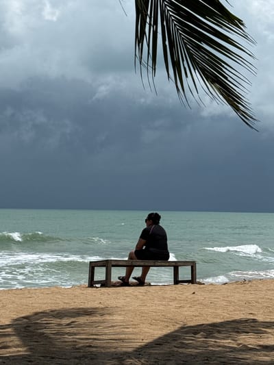 A person sits on a wooden bench on a sandy beach in Ban Khuk Khak, Thailand, facing a turbulent sea under a dark, cloudy sky. The person, seen from behind, wears a black t-shirt and shorts, with dark hair pulled back and sunglasses. They are seated on a simple, low wooden bench. The sea is a greenish-blue with white-capped waves. The sky is overcast with heavy, dark clouds, suggesting an impending storm. A palm frond hangs from the upper right corner of the frame, casting a shadow on the sand in the foreground, which also displays a distinct shadow pattern.