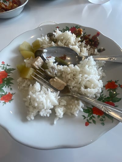 An overhead shot captures a white ceramic plate with a floral pattern, filled with rice and what appears to be a stew or curry. The plate is adorned with red and green floral designs, featuring roses and leaves. A spoonful of rice is scooped out, revealing pieces of chicken and vegetables beneath, including what look like diced potatoes, eggplant, and possibly mushrooms. A fork rests on the right side of the plate, partially submerged in the rice, and a spoon is placed in the center, also in the rice. A separate bowl, partially visible in the upper left corner of the image, contains what looks like fried food, possibly shrimp crackers or a similar crispy snack. The meal is set on a white surface, likely a table, reflecting the overhead light. The overall impression is of a home-cooked meal, possibly enjoyed in a casual dining setting in Medan, Indonesia, a city known for its diverse culinary scene.