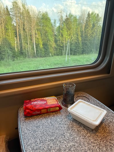 The image appears to be taken from inside a train, possibly in transit. A window on the left shows a landscape of trees and green fields, perhaps a forest or rural area. On a table beside the window, there is a glass in a metal holder, a white rectangular container with a lid (likely food), and a red package of "Jubileynoye" (Юбилейное) cookies. The train's interior is visible. The exact location in the city of Pochinok, Russia, cannot be determined from this single image.