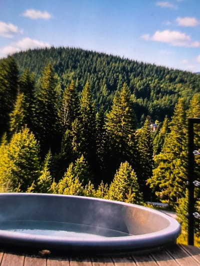 An outdoor hot tub filled with steaming water sits on a wooden deck, overlooking a dense forest of evergreen trees. The forest covers a rolling hillside that slopes upwards towards a bright blue sky with scattered white clouds. A small building with a red roof is partially visible nestled amongst the trees in the distance. The hot tub appears to be made of a gray, smooth material. A dark metal railing with chain links is visible on the right side of the image, partially obscuring the view of the forest. The scene suggests a tranquil, natural setting, likely in a mountainous or heavily wooded area. No people are present in the image.