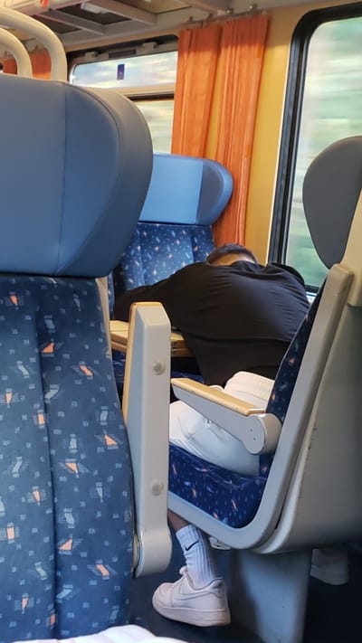 A person is seen from behind, sleeping or resting their head on a table while seated on a train. The train car appears to be on the route between Malá Lodina and Jeseník nad Odrou, Slovakia, as evidenced by the presence of a ticket with the abbreviation "ML" and "JNO" printed on it, visible on the window. The seats are blue with a patterned fabric, and orange curtains are drawn on the window. The person is wearing a black shirt and white pants, with white sneakers and socks visible at the bottom of the frame.