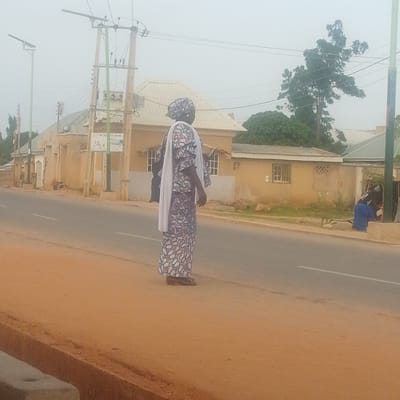 The image depicts a street scene in Gombe, Nigeria, characterized by a hazy atmosphere suggesting low visibility, possibly due to dust or fog. In the foreground, a woman stands on the side of a paved road, facing away from the camera and towards the right. She is wearing a traditional long dress with a colorful, patterned fabric and a white headscarf. Her feet are clad in dark shoes. The road itself is marked with a white line.
Behind the woman, a row of buildings with light-colored walls and tan-colored roofs lines the street. Some buildings have visible windows, and one has a sign with text that is partially obscured but appears to be promotional or informational. Electrical poles with wires and transformers are prominent features along the street, indicating active infrastructure. Trees with dense foliage are visible in the background, as well as more distant buildings. To the right of the frame, another person in a blue garment is partially visible, and a bench is situated near a building. The overall environment suggests a semi-urban or town setting within Gombe, Nigeria.