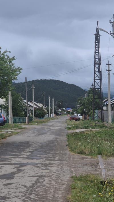This image captures a street scene in Timluy, Russia, on a cloudy day. A paved road, wet in patches, extends into the distance, flanked by houses and vegetation. Several utility poles with wires are visible along the roadside, with a large power transmission tower dominating the right side of the frame. Green fences, a blue car, and two other vehicles are present. In the background, a densely forested hill rises under a grey sky. Two individuals, one wearing red, are walking on the road. The environment appears to be a rural or semi-rural residential area.
