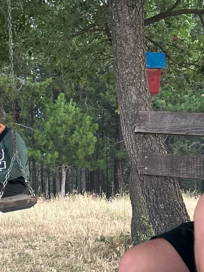 The image depicts an outdoor scene featuring a person sitting on a swing. The swing is suspended by chains from a tree branch. The person is wearing a green long-sleeved shirt and black shorts. In the background, there are trees and dry grass. A birdhouse, painted red and blue, is attached to the tree trunk. Two wooden planks are also affixed to the tree trunk, resembling part of a bench or a structure. The scene appears to be set in a rural or natural environment. The provided image does not contain any information that would allow for the identification of its location within the city of Djigurovo, Bulgaria.