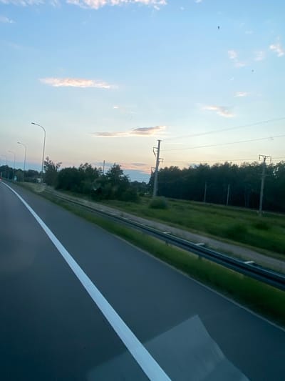 A drone is captured in flight against a pale blue sky with scattered, wispy clouds, some tinged with pink. The drone appears as a small, dark, reddish-brown object in the upper right quadrant of the image. Below the sky, a road runs diagonally from the left foreground to the middle ground. The road is dark gray with a prominent white line marking the left edge. Beyond the road, a grassy embankment is visible, bordered by a metal guardrail. Further back, a dense line of dark green trees forms a backdrop. Several utility poles with wires stretch across the scene, some interspersed within the tree line. The overall scene suggests an open area, possibly a highway or rural road adjacent to undeveloped land. The light suggests it is either dawn or dusk.