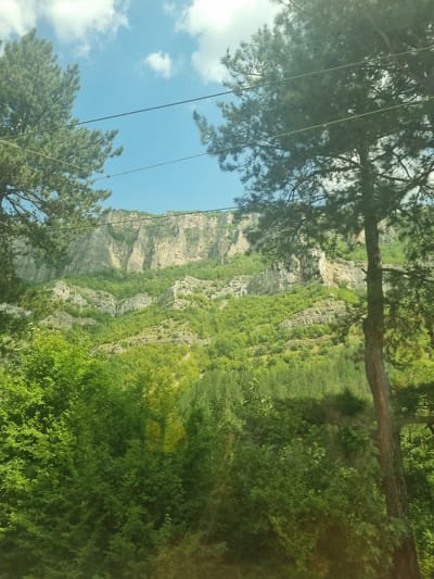 The image depicts a scenic view of a mountainous landscape in Milanovo, Bulgaria. In the foreground, lush green trees and foliage dominate the scene, with pine trees framing the view. Power lines stretch across the upper portion of the image, bisecting the clear blue sky punctuated by scattered white clouds. In the mid-ground, the terrain slopes upwards, covered in a dense forest of green trees. The background is dominated by a majestic, rugged cliff face, its weathered rock formations creating a stark contrast against the verdant slopes. The overall impression is one of natural beauty and rugged wilderness.
