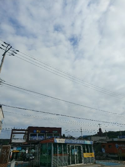 This image depicts a street scene at the Mani-san Bus Stop, located in Onsu-ri, Hwado-myeon, Ganghwa-gun, South Korea.
The upper two-thirds of the frame are dominated by a cloudy sky with interspersed patches of blue. A wooden utility pole with multiple dark power lines extends from the left side, horizontally spanning across the mid-upper section of the image.
In the midground, a modern, partially enclosed bus stop structure, featuring glass panels and a light-blue roof, is centrally positioned. Korean text on its roof indicates "도솔봉 · 마니산 · 강화루 가는 곳" (Dosolbong, Manisan, Ganghwau-ru - The place to go). Behind the bus stop, a brown two-story commercial building houses "신세계공인중개사" (Shinsegae Real Estate Agency) and "고려가스보일러" (Goryeo Gas Boiler). A dark-colored vehicle is partially visible, parked behind the bus stop and to the left of the brown building.
To the right of the bus stop, a smaller, single-story building is visible, featuring a blue sign with a white "TOILET" graphic and Korean text for "Public Restroom". Further in the background, elevated and rising above the treeline, is the reddish-brown steeple of a church, topped with a white cross. Blue painted markings are visible on the ground directly to the right of the bus stop structure. No individuals are visible in the scene.