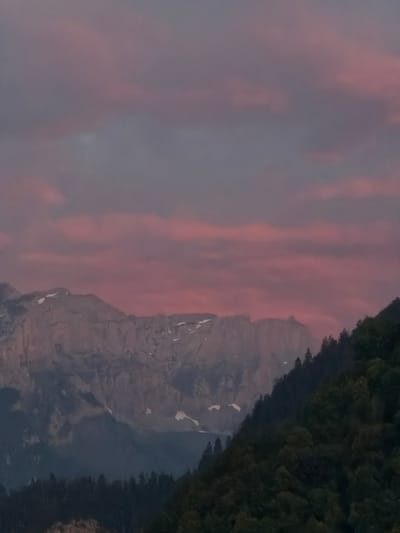The image depicts a scenic mountain landscape at what appears to be dusk or dawn, given the soft, diffused light. A towering, rugged mountain face dominates the right side of the frame, with patches of snow visible on its upper slopes. The mountain is covered in dark green pine trees along its lower edges, suggesting a forested area at the base. To the left of the mountain, the sky is filled with streaks of pink and purple clouds, indicative of the twilight hours. The overall impression is one of natural beauty and tranquility. The image is oriented vertically. No people, objects, or text are discernible within the frame. The location is specified as Cluses, France.