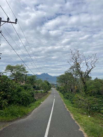 A straight, paved road with a white dashed line in the center stretches into the distance. The road is flanked by lush green vegetation and trees. In the background, mountains are visible under a cloudy sky. Electrical wires and poles are present on the left side of the image. The scene appears to be a rural area, possibly in or near Damaranbaru, Indonesia, given the presence of tropical foliage and mountainous terrain. There are no people or vehicles visible in the image.