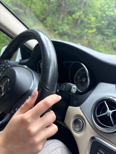 The image shows the interior of a car, specifically the driver's area. A woman's hand is gripping the black leather steering wheel. Part of the dashboard, including an air vent, an engine start button, and the gear shift, are visible. A glimpse of greenery can be seen through the car window. The photograph does not depict the location of Pastra, Bulgaria.