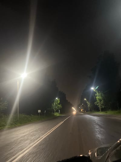 The image depicts a nighttime scene of a two-lane asphalt road, wet from rain, in or near the city of Karavaevo, Russia. Streetlights illuminate the road, creating bright, diffused light sources due to the foggy or misty conditions. Trees line the sides of the road, some with visible streetlights mounted on them. In the distance, the headlights of approaching vehicles are visible. The perspective suggests the photo was taken from inside a moving vehicle, with the hood of the vehicle visible in the foreground. There are no people or animals clearly visible in the image.