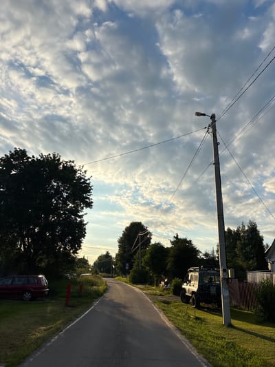 The image depicts a rural road scene in the village of Shevlino, Russia, under a partly cloudy sky. A paved road curves to the right, bordered by grassy verges and trees. On the left side of the road, a dark red minivan is parked. Further down the road, an olive-green off-road vehicle with a roof rack is parked near a wooden fence. A concrete utility pole with a streetlight and electrical wires stands prominently in the foreground, to the right of the road. Tall trees line the sides of the road, with some houses and fences visible in the background. The lighting suggests it is late afternoon or early evening, with sunlight casting shadows.